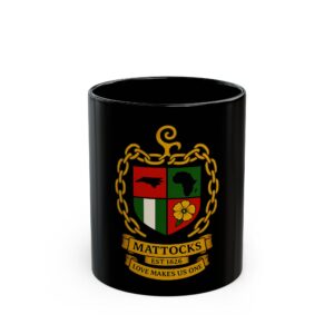 Mattocks Family Crest Black Mug — Personalized Coat of Arms Coffee Mug (11oz/15oz)