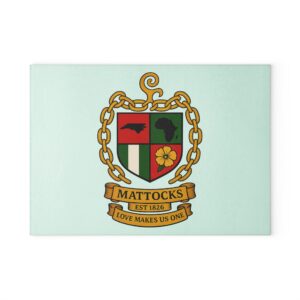 Glass Cutting Board — Custom Family Crest "Mattocks" Kitchen Chopping Board (Love Makes Us One)