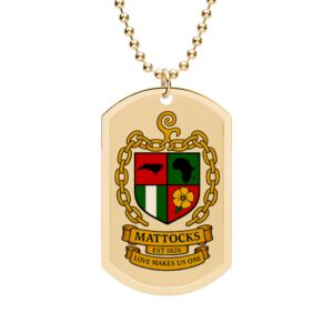 Family Crest Dog Tag Necklace — Personalized Mattocks Coat of Arms Pendant
