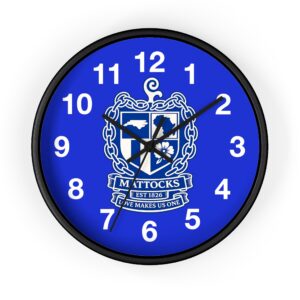 Mattocks Crest Wall Clock — Bold Blue Family Crest Clock ("Love Makes Us One")