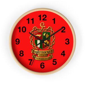 Mattocks Family Crest Wall Clock — Red Coat of Arms Home Decor