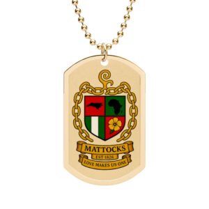 Family Crest Dog Tag Necklace — Personalized Mattocks Coat of Arms Pendant