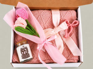 Blush & Bloom Gift Set — Candle, Crochet Bouquet, Cozy Throw & Bow Clip