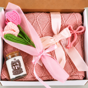 Blush & Bloom Gift Set — Candle, Crochet Bouquet, Cozy Throw & Bow Clip